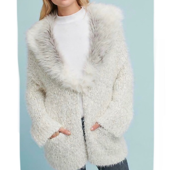 Anthropologie Sleeping On Snow Venla Fluffy Faux Fur Cardigan Cream Silver Med - Picture 2 of 15